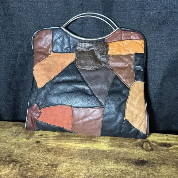 Patchwork Leather Purse Vintage Handmade Hong Kong Silver Tone Eye Arch Handle - Picture 3 of 14